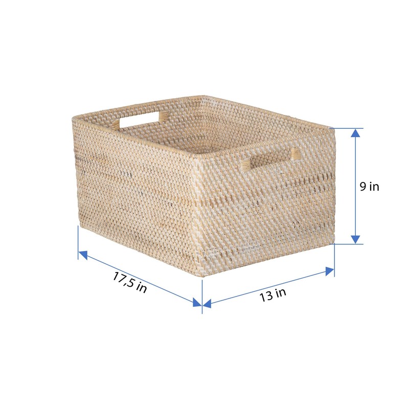 Loma Rectangular Rattan Storage Basket with Cut-Out Handles - White-Wash