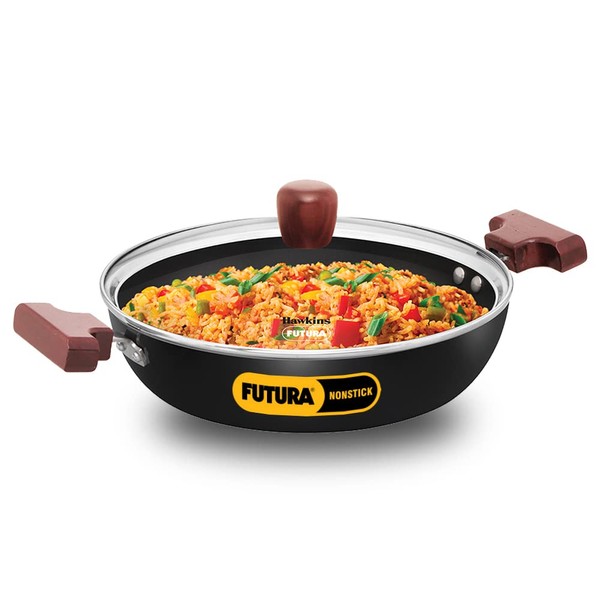 HAWKINS Futura 2.5 Litre Shallow Kadhai, Nonstick Kadai with Glass