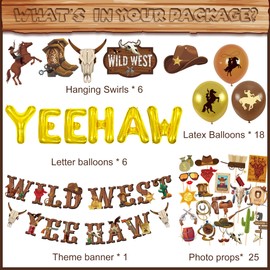 55PCS Western Party Decorations West Cowboy Party Banner Western Wild Theme Supplies Yee Haw Ceiling Streamers for Boys Birthday Western Baby Show Party Decorations