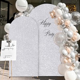 2 Set Sequin Arch Backdrop Covers Silver Arch Cover 6FT, 7.2FT Round Top Chiara Backdrop Cover for Bridal Shower Ceremony Party Decor