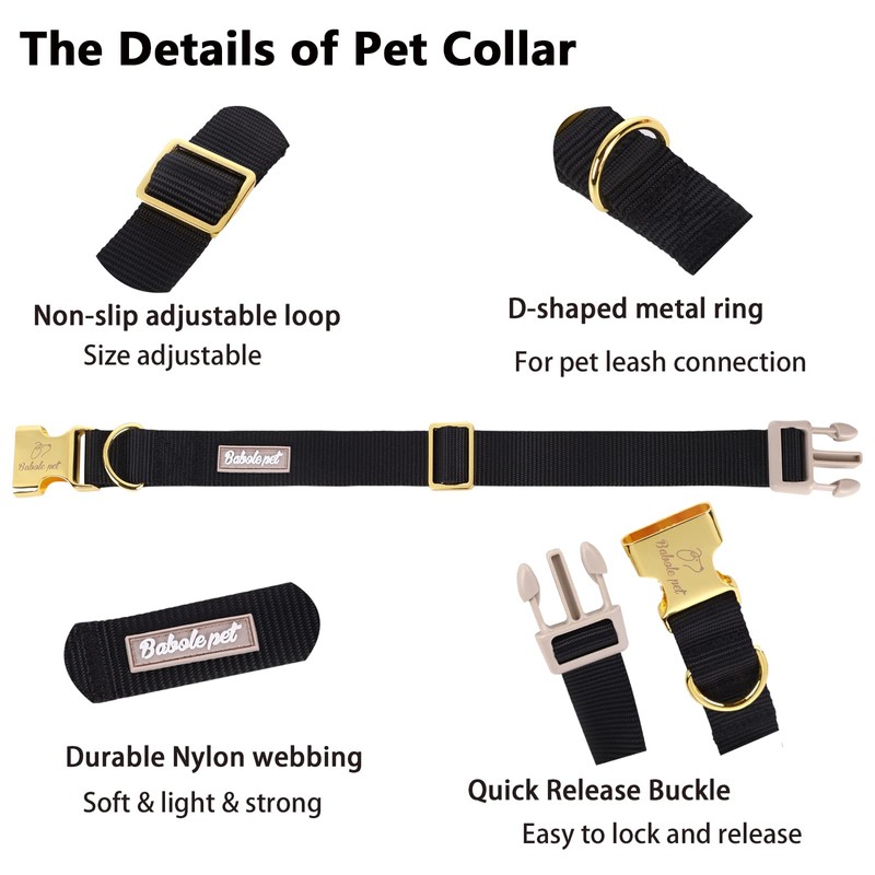 Babole Pet Nylon Dog Collar - Adjustable Black Soft Webbing