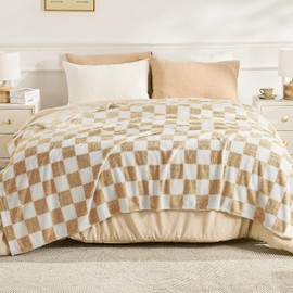 EMME Checkered Blanket Twin Size - 60"*80" Beige Soft Fluffy Warm Throw Blankets for Couch, Sofa, Chair, Bed, Camping, Picnic, Travel Lightweight Bed Blanket