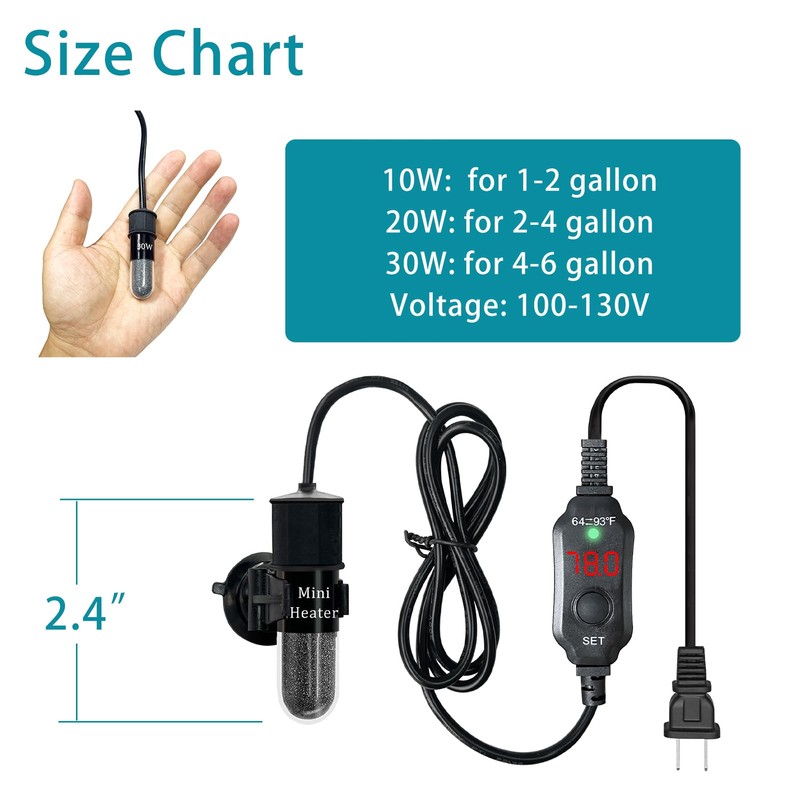 auomii Mini Submersible Aquarium Heater, 25/30/50/100/150/200 Watts Adjustable Fish Tank
