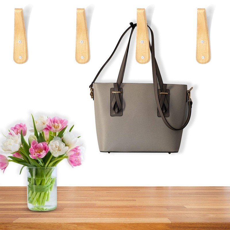 Boao 4 Pieces Wood Hooks for Towels Wall-Mounted Natural Wood