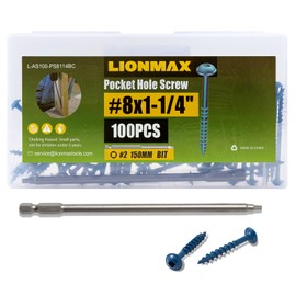 LIONMAX Pocket Hole Screws 1-1/4 Inch, 100 PCS Exterior Pocket Screw #8 x 1-1/4", Coarse Thread, Square Drive, Washer Head, Blue Coated Weather Resistant, 150MM Drive Bit Included