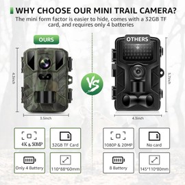 VanBangTec Mini Wildlife Camera 4K 50MP Wildlife Camera with Night Vision Motion Sensor 850 IR LEDs, 0.2s Fast Trigger, Waterproof Night Vision Camera with 32G Memory Card, Hunting Camera for Wildlife