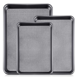 Vinino Baking Sheet Set of 3, Cookie Sheets For Baking with Square Texture Pattern, Thicker Carbon Steel Non-stick Baking Pan Half/Quarter/Jelly Roll Pans Tray for Oven-Grey