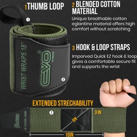 EVO Fitness Pair of 18” Deep Black Weight Lifting Wrist Wraps Support Elasticated Cotton Straps Thumb Loop Powerlifting Bodybuilding Strength Gym Training Workout (Green)