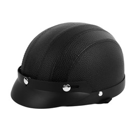 Half Helmet Breathable Sun Blocking Retro Safe PU Leather Motorcycle Helmet for Men Women Black Leather