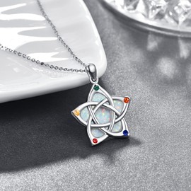 PRAYMOS Cherry Blossom Necklace 925 Sterling Silver Celtic Knot Flower Pendant Birthstone Chain Jewellery Birthday Gift for Women, Sterling Silver, Opal