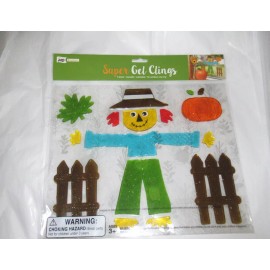 Mello smello Thanksgiving Autumn Fall Large 9" Scarecrow & Fence Window Glass Gel Clings NIP