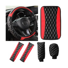 AICEL Car Accessories Set, Leather Vehicle Steering Wheel Seat Belt Shoulder Cover, Anti-Slip Automotive Interior Armrest Pad Start Button Protector, Universal for SUV, Sedan, Truck (Red)