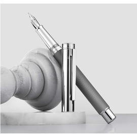 Hongdian 1843 Gray Fountain Pen Extra Fine Nib Solid Metal, Gray Ripple Pattern with Refillable Converter and Metal Pen Case