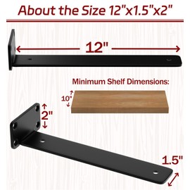 12 Inch Shelf Brackets, 12 Pack Floating Shelf Bracket, 1/5” Thick Carbon Steel Hidden Shelf Brackets, Rustic Industrial Brackets for Wall Decor