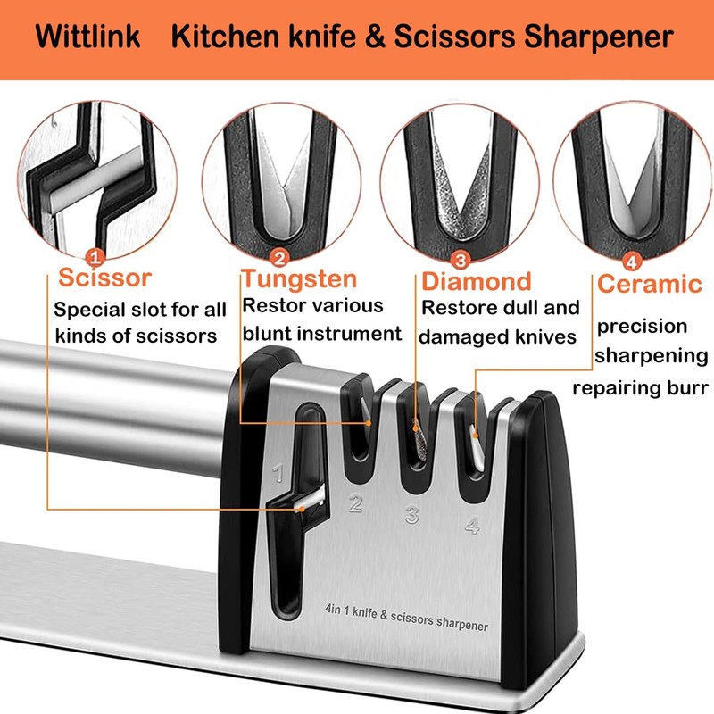 4-in-1 Professional Knife and Scissors Sharpener, Manual Kitchen Sharpening Tool,