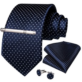 DiBanGu Juego de gemelos cuadrados con corbata de seda y bolsillo para hombre, Azul Marino Puntos Blancos, Talla única