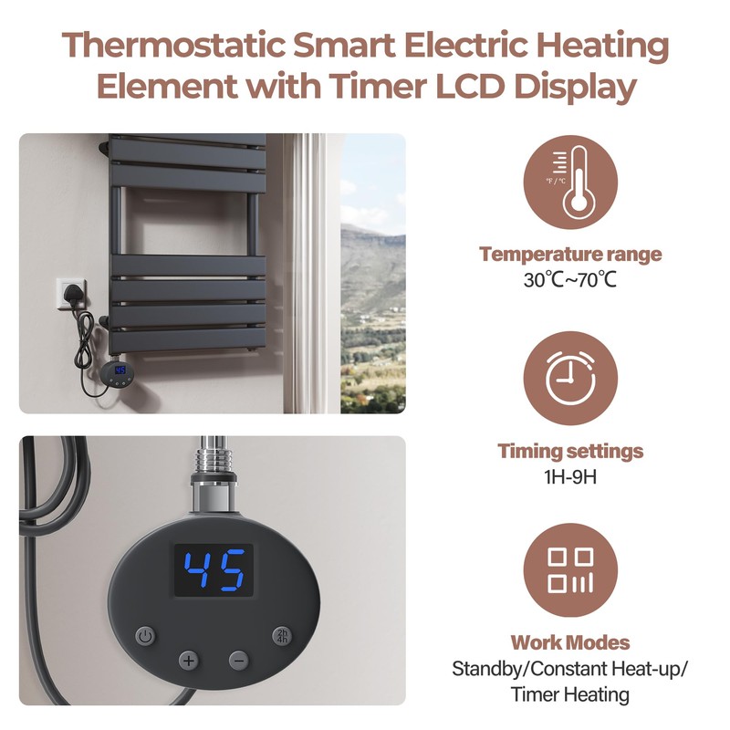 ELEGANT 600W Smart Thermostatic Towel Rail Electric Heating Element with