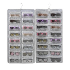 Khikily Hanging Jewelry Organizer Dust Proof Eyeglasses Holder with 32 Clear Slots, Sunglasses Organizer Storage Wall Mounted, Sunglasses Display With 360-Degree Rotating Hook (Grey)