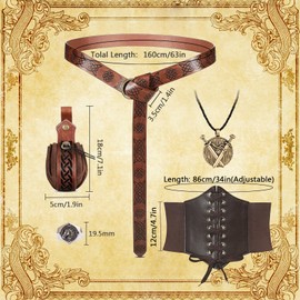 Hifot 5pcs Medieval Clothing Women Men Belt Bag Medieval Belt Accessories Set Corset Belt Double Sword Necklace Silver Ring Viking Jewellery Renaissance Knight Rider Decoration Pirates