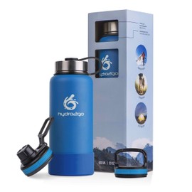 Hydro2go® Stainless Steel Water Bottle X-AlpsBottle – 1000 ml / 1 Litre Vacuum Insulated Thermos Flask + 3 Drinking Caps Leak-Proof Insulated Flask Double-Walled Outdoor Sports Bottle, blue, 950ml