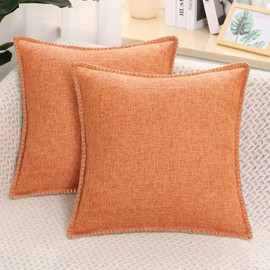 decorUhome Set of 2 Linen Cushion Covers 65X65cm,Decorative Outdoor Plain Vintage Cushion Covers with Stitched Edges, large Square Farmhouse Neutral Pillow case 26x26 Inch for Sofa, Orange