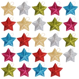 HEOUCH Pack of 24 Christmas Decorations, Decorative Stars for Hanging, Star Christmas Tree Decoration, Stars, Small Star, Shatterproof for Tree Decorations, Fireplace, Window, Table Decoration,