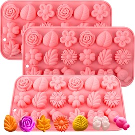 Flower Candy Floral Silicone Molds 3PCS, Xirdkur Daisy Flower Chocolate Tulip Rose Moulds with Bow Tie Leaf Jello Design Ice Mold Pudding Soap Cookie Molds for Desserts Making, 18 Cavity, 3 Pack, Pink