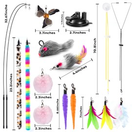 SeaMorn Interactive Indoor Cat Feather Toys,2 Durable Wands,12 Nature Feather Toys,With Sticky Super Suction Cups,2 Types Of Door Hanging Cat String For Kitten