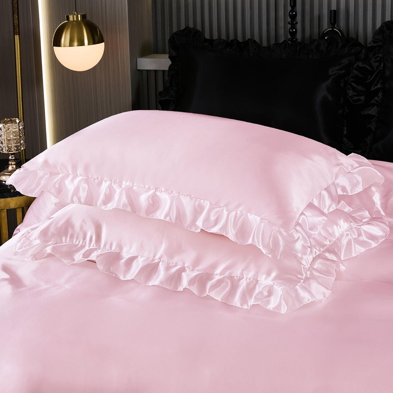 Guchuang Bedding Pink Silk Bedding Set with Ruffle Duvet Cover