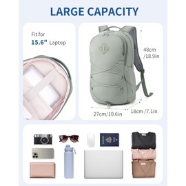 WANDF 15.6-Inch Laptop Backpack for Women Men Airline Approved Water Resistant Lightweight Travel Bag Casual Backpack for Weekender Business with Whistle Buckle & Elastic Strap (Dark Green)