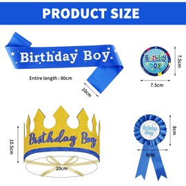 4Pcs Birthday Boy Badge, Birthday Sash Medal, Adjustable Birthday King Crown Hat, Decorations Set For Kids Birthday Party Supplies