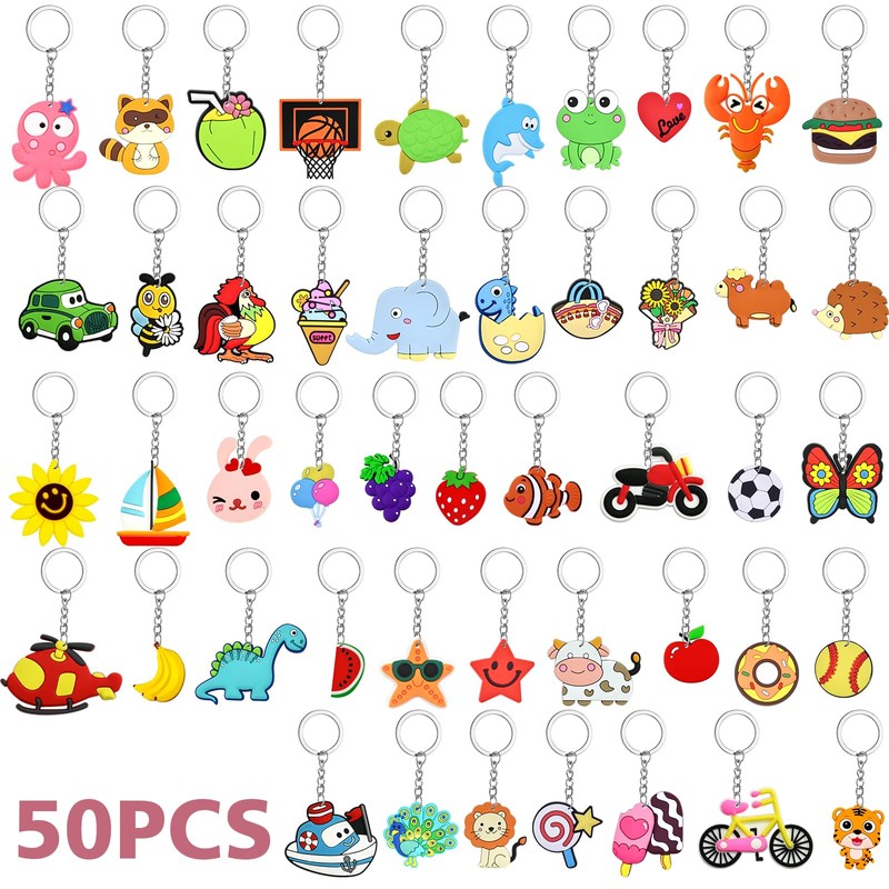 50pcs Cute Bulk Keychains for Kids,Non-Repeat Cartoon Key Chains Backpack