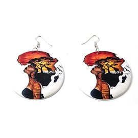 Girl with African Savanna Sunset Wooden Round Traditional Tribal stylish Earrings by ruech, Large, Wood