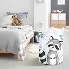 Clastyle 45L Cute Gray Smile Raccoon Tree Leaves Laundry Hamper for Kids Animal Round Clothes Toys Storage Baskets for Nursery Room, 14.2x17.7 in