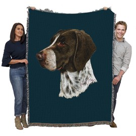 Pure Country Weavers German Shorthaired Pointer Brown Dog Woven Blanket Blue by Robert May - Gift Cotton Tapestry Throw - Made in The USA - 72" x 54"