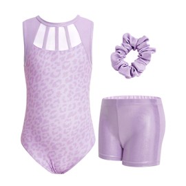 JiAmy Girls' Gymnastics Leotard, Glittering Girls' Gymnastics Outfit, Unique Design, Sleeveless Leotard, 3-12 Years, Purple leopard