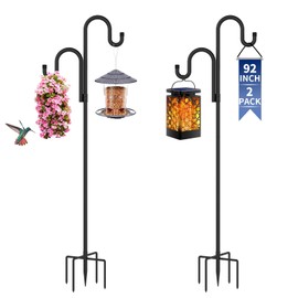 GARGENTOL Double Shepherds Hooks for Outdoor, Bird Feeder Pole with 5 Prongs Base, Heavy Duty Garden Hook for Lantern, Wind Chime and Hummingbird Feeder, 92 Inch, 2 Pack