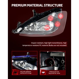 Torchbeam Headlight Assembly for 2003 2004 2005 2006 2007 Accord Pair Replacement Headlamp for 2003-2007 Honda Accord OE Style Headlights Assemblies Clear Reflector Clear Lens Black Housing