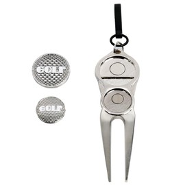 Golf Divot Pitch Mark Repair Tool Fork with 2 Magnetic Golf Ball Markers Silver