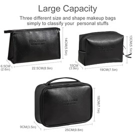 Veki Toiletry Bag Set of 3 Toiletry Bag, PU Leather Large Cosmetic Bag Organiser for Women and Girls, Portable Waterproof Travel Cosmetic Bags, black leather, simple