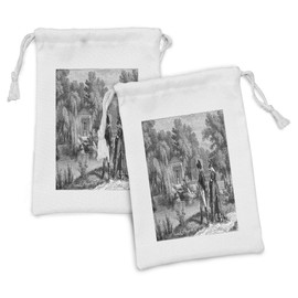 Ambesonne Vintage Fabric Pouch Set of 2, Historical French Revolution Sketch with Napoleon and Woman in Garden Artwork, Small Drawstring Bag for Toiletries Masks and Favors, 9" x 6", Dark Grey Black