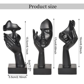 Hnonoxy 3-Piece Abstract Art Figures Sculpture, Creative Women Face Statue, Thinker Sculpture Made of Resin, Face Art Statue, Modern Art Decor, for Living Room, Bookcase, Office, Black