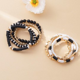 GOOJIDS Surfer Heishi Clay Bead Bracelets for Women Bohemian Stackable Gold Beaded Stretch Bracelets Elastic Layering Friendship Bracelets Set Boho Jewelry (X-Black Set)