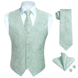 Enlision Green Suit Vest for Men Formal Paisley Mens Mint Green Vests Dress Tie and Pocket Square Cufflinks Set Spring Waistcoat Wedding Business