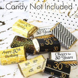 Black and Gold 30th Birthday Party Mini Candy Bar Wrappers - 45 Stickers