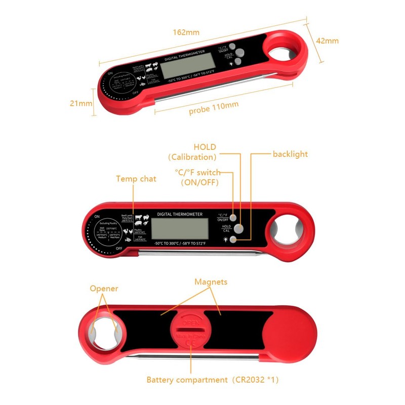 Meat Thermometer with Foldable Probe, Digital Instant Read Food Thermometer