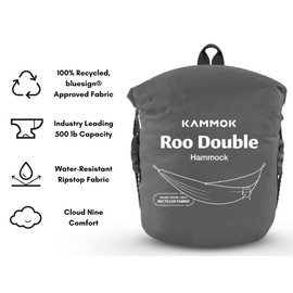 KAMMOK: Roo Double Hammock | Made from Strong & 100% Recycled Water Resistant Ripstop Fabric | Comfortable, Packable, Lightweight (Lifetime Adventure Grade Warranty), Granite Gray