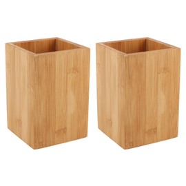 LOLYSIC Pack of 2 14 x 9.5 cm Kitchen Organiser, Utensil Holder, Square Cutlery Stand, Natural Bamboo, for Kitchen Desk, Storage Pen