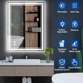 24x32 Inch LED Bathroom Mirror with Lights Anti-Fog Stepless Dimmable 3 Colors Memory Function Bathroom Vanity Mirror ShatterProof 3 Colors Horizontally/Vertically Wall Switch/Connect to Outlet