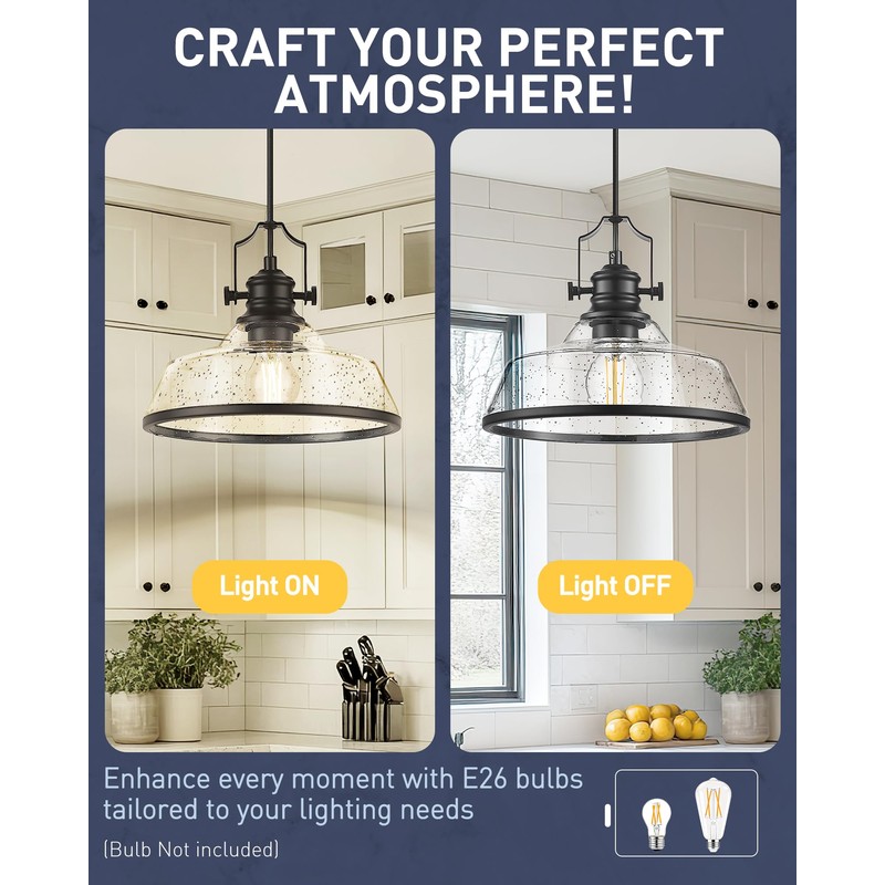 kudos Seeded Glass Pendant Light Kitchen Island, Adjustable Cord, Black